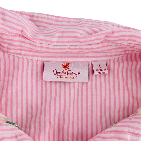 Quacker Factory Womens Floral Embroidered Button-Down Pink & White Striped Shirt - Picture 2 of 6